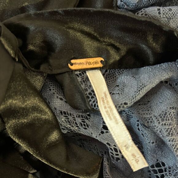 Free People Gilded Victorian Dusty Blue Black Satin Ribbon Trim Lace Dress S - Picture 11 of 16